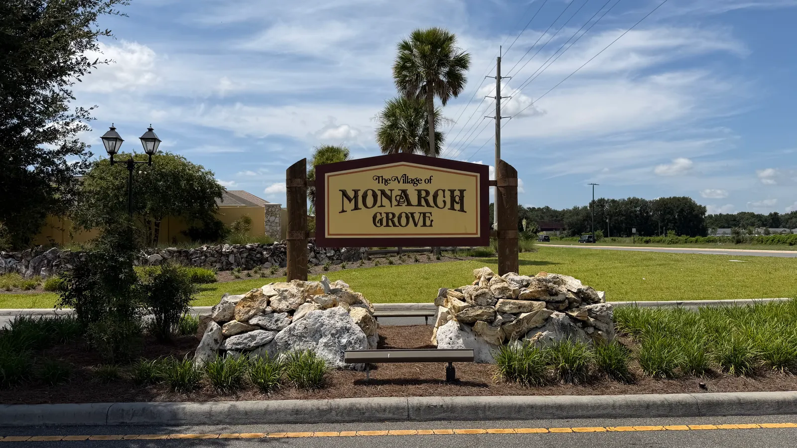 Village of Monarch Grove entrance sign in The Villages, FL